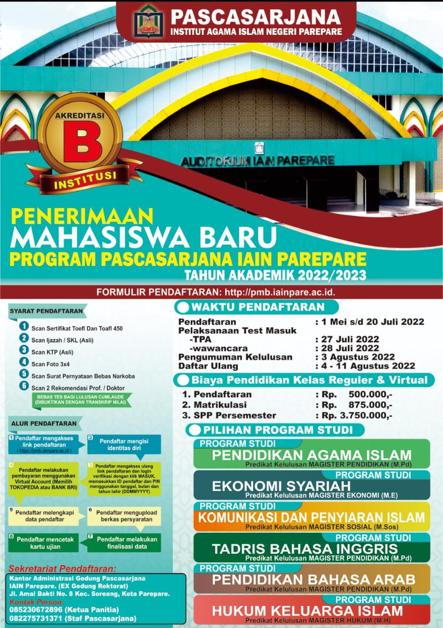 Pendaftaran Calon Mahasiswa Baru Pascasarjana IAIN Parepare Masih Dibuka hingga 20 Juli 2022 Pendaftaran Calon Mahasiswa Baru Pascasarjana IAIN Parepare Masih Dibuka hingga 20 Juli 2022